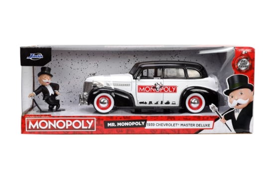 Imagine JADA SET MASINUTA METALICA CHEVROLET MASTER DELUXE 1939 SCARA 1:24 SI FIGURINA MR MONOPOLY