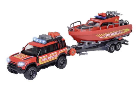 Imagine Majorette set mașină de pompieri Land Rover și barcă de salvare