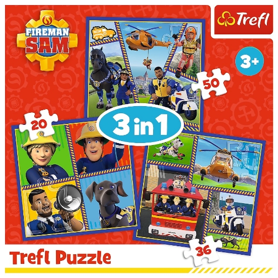 Imagine Puzzle Trefl 3in1 Pompierul Sam – O zi din viața pompierilor