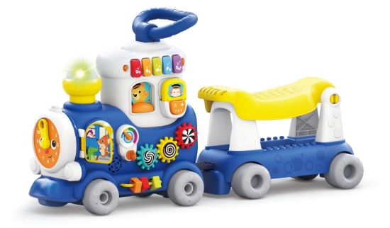 Imagine Trenuleț 4 în 1 multifuncțional albastru – premergător, jucărie cu sunete și loc depozitare