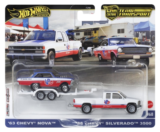 Imagine HOT WHEELS TRANSPORTATOR CHEVY SILVERADO 3500 88 CU MASINUTA CHEVY NOVA 63 SCARA 1:64