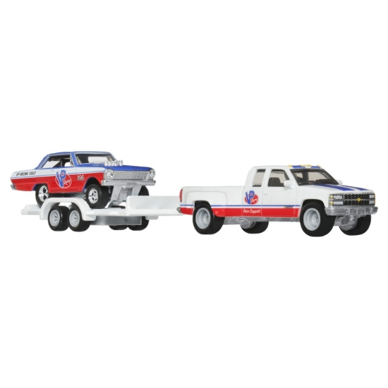 Imagine  Hot Wheels transportator Chevy Silverado 3500 '88 cu mașinuță Chevy Nova '63, scară 1:64