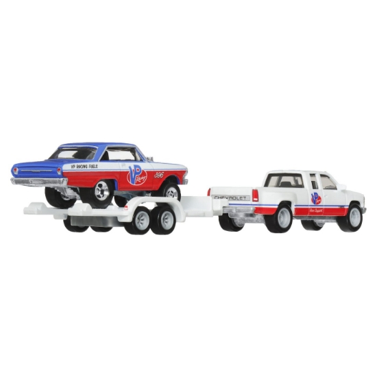 Imagine  Hot Wheels transportator Chevy Silverado 3500 '88 cu mașinuță Chevy Nova '63, scară 1:64