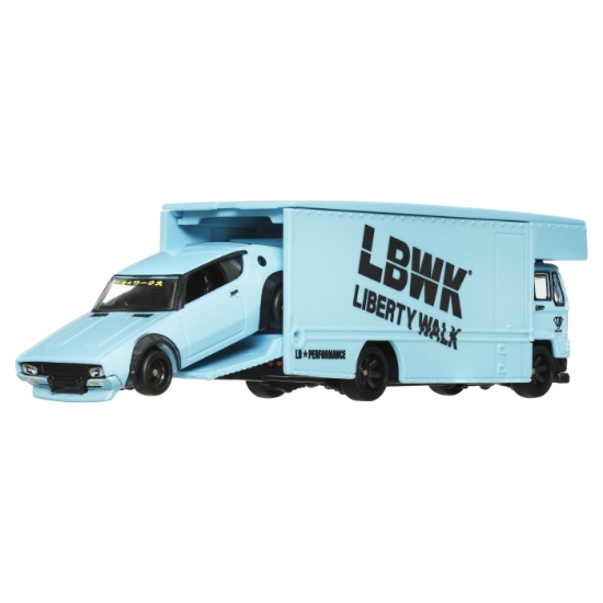 Imagine Hot Wheels Transportator Fleet Flyer cu mașinuța Nissan Skyline 2000 GT-R LBWK scara 1:64