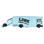 Imagine Hot Wheels Transportator Fleet Flyer cu mașinuța Nissan Skyline 2000 GT-R LBWK scara 1:64