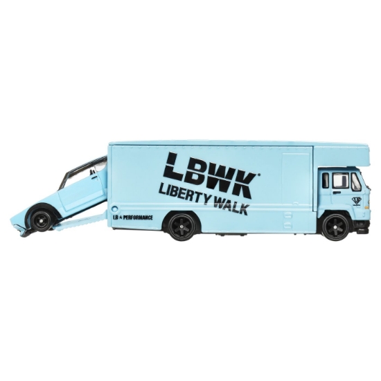 Imagine Hot Wheels Transportator Fleet Flyer cu mașinuța Nissan Skyline 2000 GT-R LBWK scara 1:64