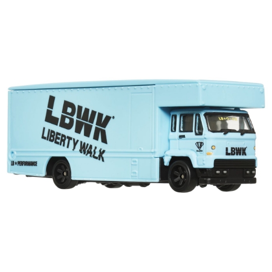 Imagine Hot Wheels Transportator Fleet Flyer cu mașinuța Nissan Skyline 2000 GT-R LBWK scara 1:64