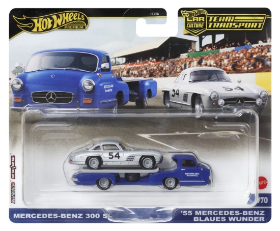 Imagine HOT WHEELS TRANSPORTATOR  MERCEDES-BENZ 55 BLAUES WUNDER CU MASINUTA MERCEDES-BENZ 300 SL SCARA 1:64