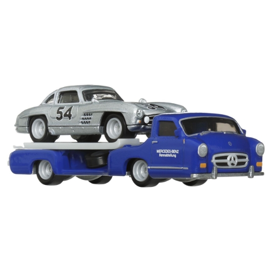 Imagine Hot Wheels transportator Mercedes-Benz 55 Blaues Wunder cu mașinuță Mercedes-Benz 300 SL, scară 1:64