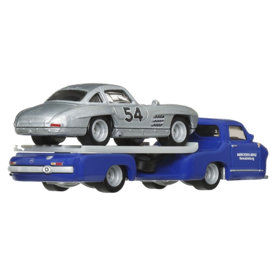 Imagine Hot Wheels transportator Mercedes-Benz 55 Blaues Wunder cu mașinuță Mercedes-Benz 300 SL, scară 1:64