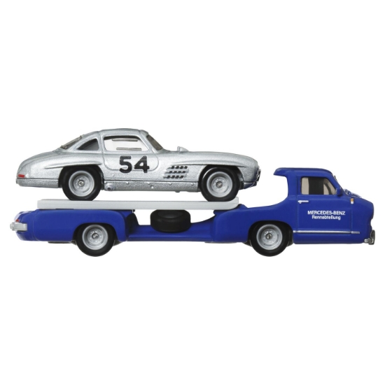 Imagine Hot Wheels transportator Mercedes-Benz 55 Blaues Wunder cu mașinuță Mercedes-Benz 300 SL, scară 1:64