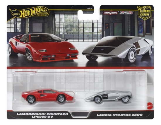 Imagine HOT WHEELS PREMIUM SET 2 MASINUTE METALICE LAMBORGHINI COUNTACH LP5000 QV SI LANCIA STRATOS ZERO SCARA 1:64