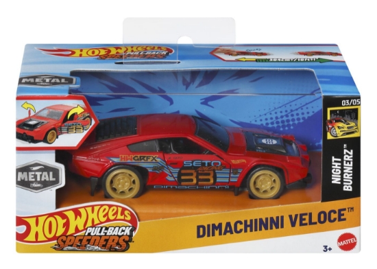 Imagine HOT WHEELS MASINUTA METALICA CU SISTEM PULL BACK DIMACHINNI VELOCE NIGHT BURNERZ SCARA 1:43