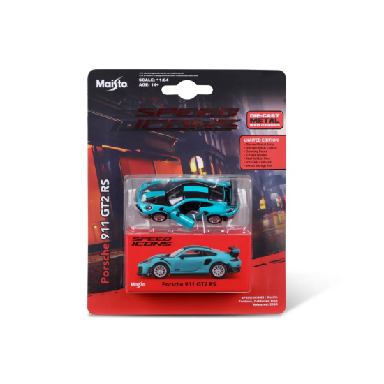 Imagine MAISTO MASINUTA METALICA SPEED ICONS PORSCHE 911 GT2 RS MIAMI BLUE SCARA 1 LA 64 