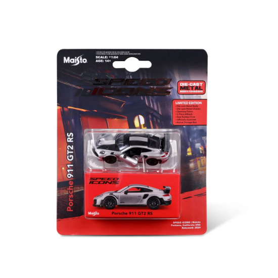 Imagine MAISTO MASINUTA METALICA SPEED ICONS PORSCHE 911 GT2 RS SILVER BLACK SCARA 1 LA 64