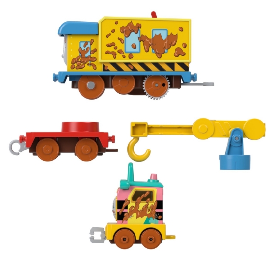 Imagine Thomas locomotiva motorizată Muddy Fix ‘Em Up Friends cu 2 vagoane