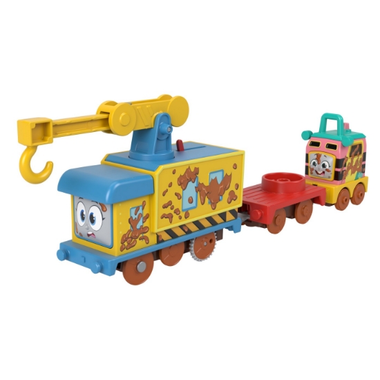 Imagine Thomas locomotiva motorizată Muddy Fix ‘Em Up Friends cu 2 vagoane