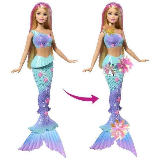 Imagine BARBIE PAPUSA SIRENA FLOARE MAGICA CU PAR BLOND SI COADA ALBASTRA