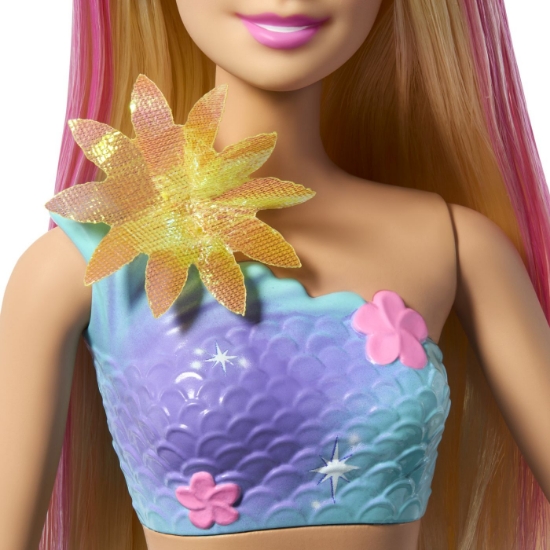 Imagine BARBIE PAPUSA SIRENA FLOARE MAGICA CU PAR BLOND SI COADA ALBASTRA