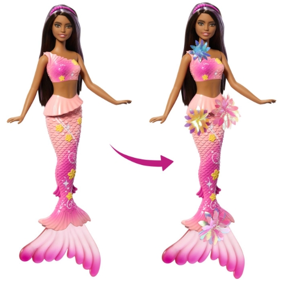 Imagine BARBIE PAPUSA SIRENA FLOAREA MAGICA CU PAR BRUNET SI COADA ROZ