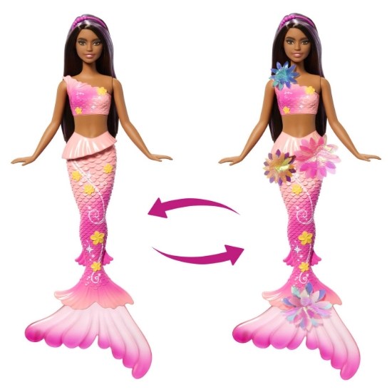 Imagine BARBIE PAPUSA SIRENA FLOAREA MAGICA CU PAR BRUNET SI COADA ROZ