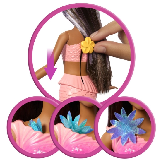 Imagine BARBIE PAPUSA SIRENA FLOAREA MAGICA CU PAR BRUNET SI COADA ROZ