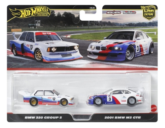 Imagine Hot Wheels Premium set 2 mașinuțe metalice BMW 320 Group 5 și BMW 3 GTR 2001 scară 1:64