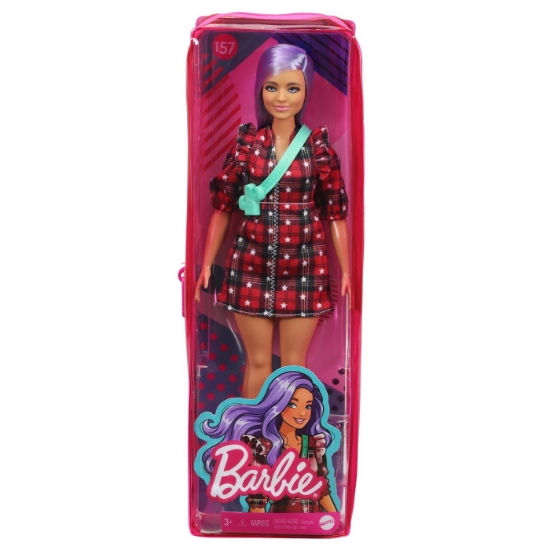 Imagine PAPUSA BARBIE FASHIONISTA CU PARUL MOV SI ROCHITA CU STELUTE