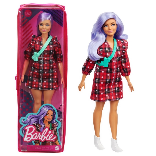 Imagine PAPUSA BARBIE FASHIONISTA CU PARUL MOV SI ROCHITA CU STELUTE