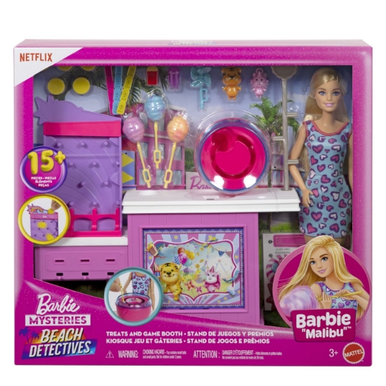 Imagine BARBIE MYSTERIES DETECTIVI PE PLAJA SET CABINA DE JOCURI SI PAPUSA BARBIE MALIBU CU ACCESORII