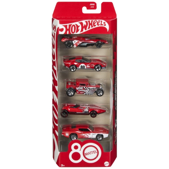 Imagine Hot Wheels set 5 mașinuțe metalice aniversare 80 de ani, scară 1:64