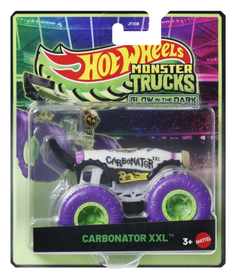 Imagine Hot Wheels Monster Truck Glow in the Dark mașinuța Carbonator XXL cu roți mov, scară 1 la 64