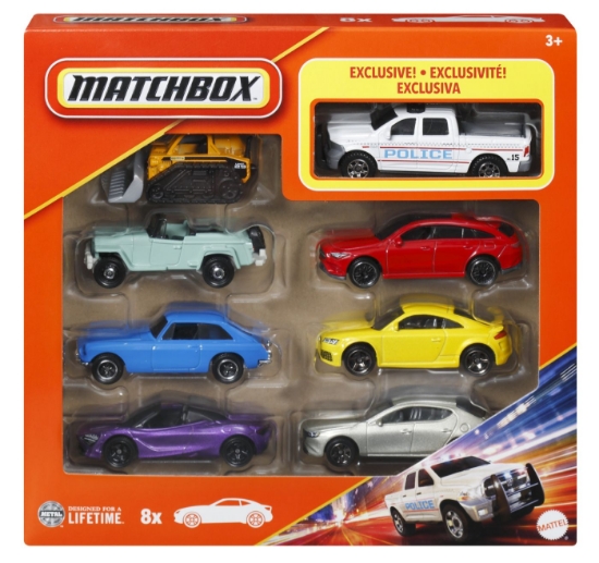 Imagine Matchbox set 8 mașinuțe metalice exclusiv camioneta poliției scara 1 la 64