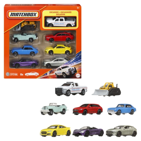 Imagine Matchbox set 8 mașinuțe metalice exclusiv camioneta poliției scara 1 la 64