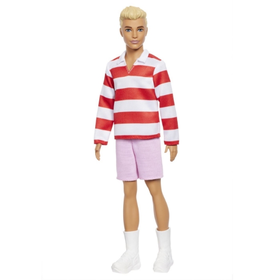 Imagine BARBIE FASHIONISTAS PAPUSA KEN BLOND CU BLUZA POLO DUNGI ROSII ALBE