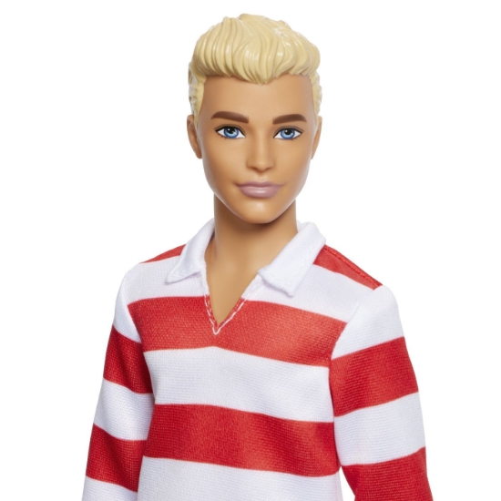 Imagine BARBIE FASHIONISTAS PAPUSA KEN BLOND CU BLUZA POLO DUNGI ROSII ALBE