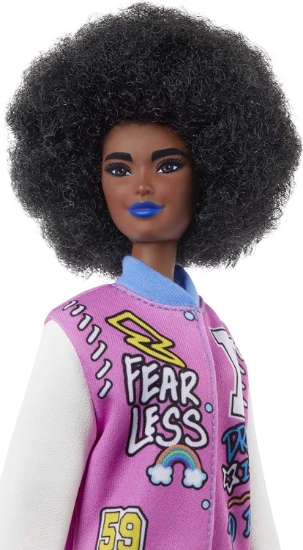 Imagine PAPUSA BARBIE FASHIONISTA CU PARUL AFRO SI JACHETA LILA