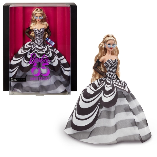 Imagine BARBIE SIGNATURE ANIVERSARE 65 ANI PAPUSA BARBIE CU ROCHIE DE BAL ALB NEGRU