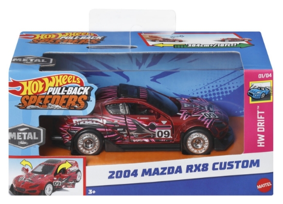 Imagine HOT WHEELS MASINUTA METALICA CU SISTEM PULL BACK MAZDA 2004 RX8 CUSTOM SCARA 1:43