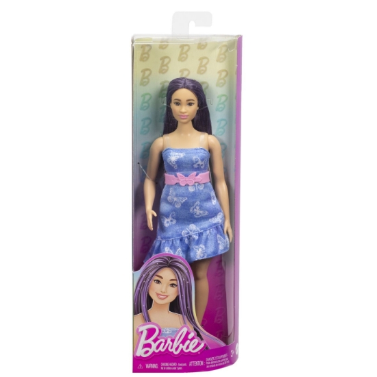Imagine PAPUSA BARBIE FASHIONISTA CU PARUL MOV SI ROCHITA CU FLUTURASI
