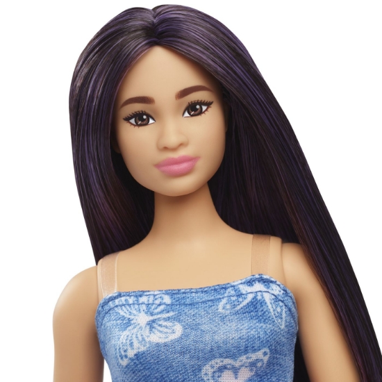 Imagine PAPUSA BARBIE FASHIONISTA CU PARUL MOV SI ROCHITA CU FLUTURASI