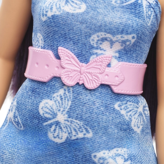 Imagine PAPUSA BARBIE FASHIONISTA CU PARUL MOV SI ROCHITA CU FLUTURASI