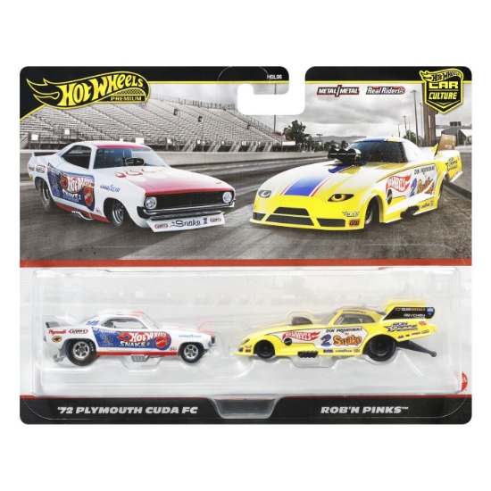 Imagine HOT WHEELS PREMIUM SET 2 MASINUTE METALICE PLYMOUTH CUDA FC 72 SI ROBN PINKS SCARA 1 LA 64