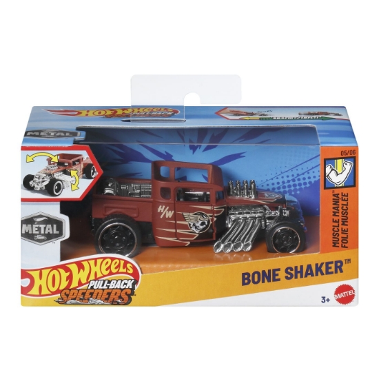 Imagine HOT WHEELS MASINUTA METALICA CU SISTEM PULL BACK BONE SHAKER MUSCLE MANIA SCARA 1 LA 43 