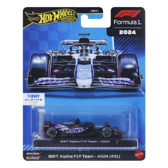 Imagine HOT WHEELS PREMIUM REAL RIDERS FORMULA 1 2024 MASINUTA METALICA BWT ALPINE F1 TEAM A524 NUMARUL 31 SCARA 1 LA 64