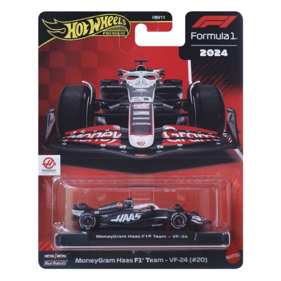 Imagine HOT WHEELS PREMIUM REAL RIDERS FORMULA 1 2024 MASINUTA METALICA MONEYGRAM HAAS F1 TEAM VF 24 NUMARUL 20 SCARA 1 LA 64