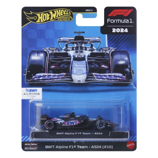 Imagine HOT WHEELS PREMIUM REAL RIDERS FORMULA 1 2024 MASINUTA METALICA BWT ALPINE F1 TEAM A524 NUMARUL 10 SCARA 1 LA 64