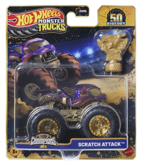 Imagine HOT WHEELS MONSTER TRUCK 50 BIGFOOT TROPHY CHAMPIONS MASINUTA SCRATCH ATTACK SCARA 1 LA 64