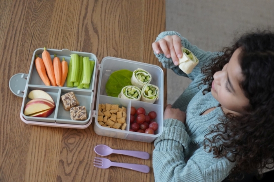 Imagine Cutie prânz Bento 2 nivele cu tacâmuri Melii roz mov gri