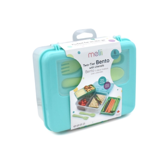 Imagine Cutie prânz Bento 2 nivele cu tacâmuri MELII blue mint limeE